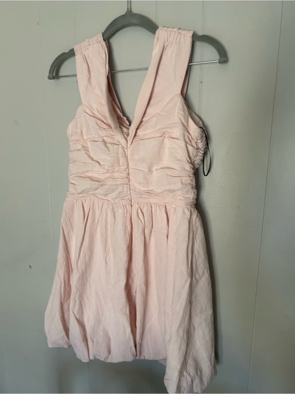 Blush Pink Ruched V-Neck Bubble Hem Mini Dress Sleeveless